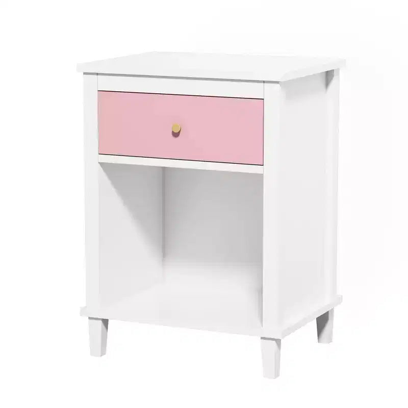 Table de chevet rose en bois avec 1 tiroir et 1 étagère pour enfants et adultes