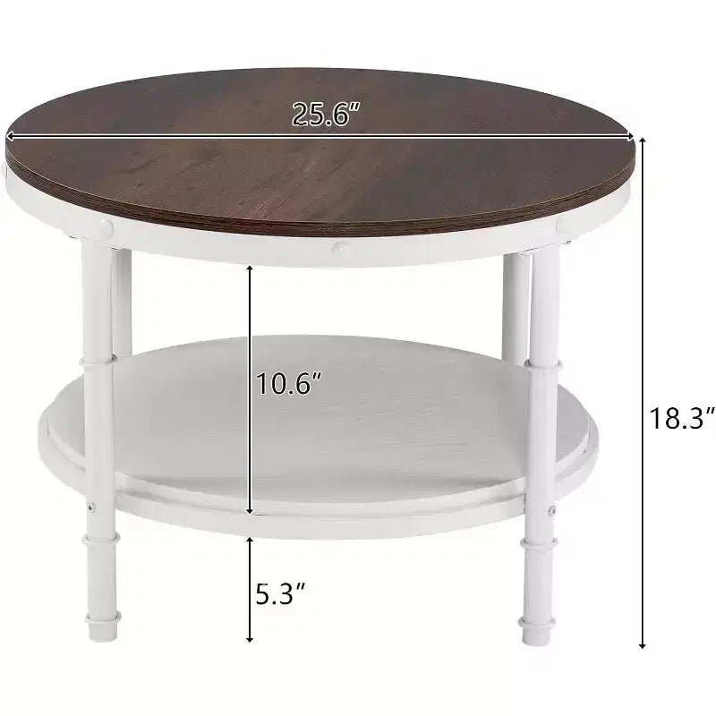 25.6 Table basse de ferme ronde rustique en chêne blanc, table d'appoint circulaire centrale en bois à 2 niveaux de rangement pour salon