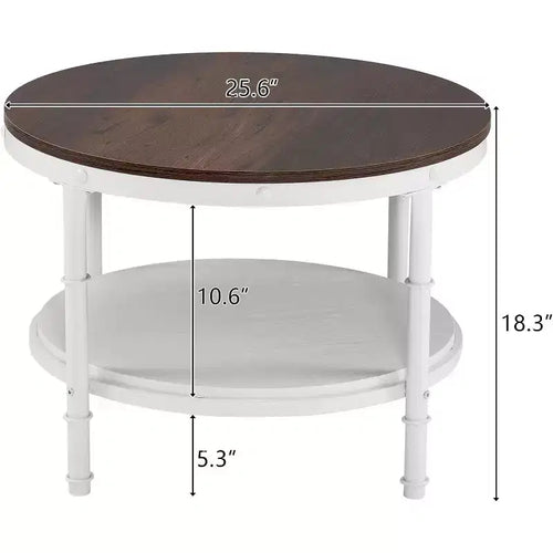 25.6 Table basse de ferme ronde rustique en chêne blanc, table d'appoint circulaire centrale en bois à 2 niveaux de rangement pour salon