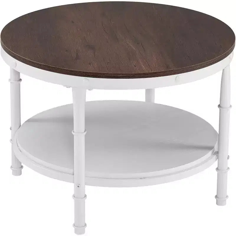 25.6 Table basse de ferme ronde rustique en chêne blanc, table d'appoint circulaire centrale en bois à 2 niveaux de rangement pour salon