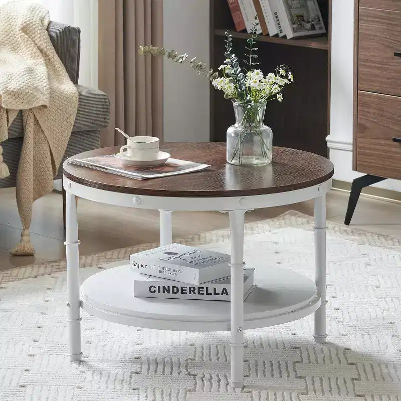 25.6 Table basse de ferme ronde rustique en chêne blanc, table d'appoint circulaire centrale en bois à 2 niveaux de rangement pour salon