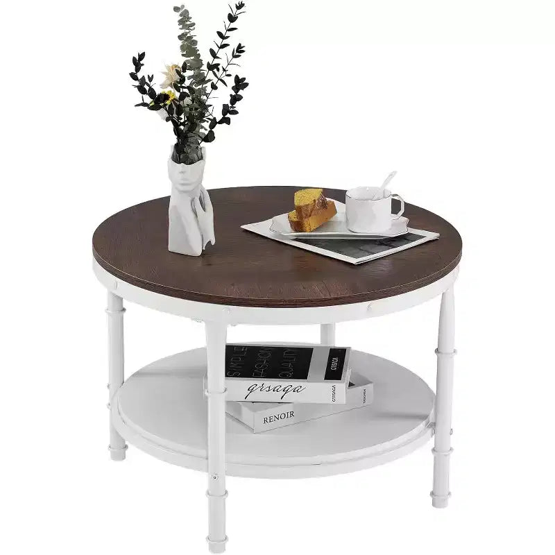 25.6 Table basse de ferme ronde rustique en chêne blanc, table d'appoint circulaire centrale en bois à 2 niveaux de rangement pour salon