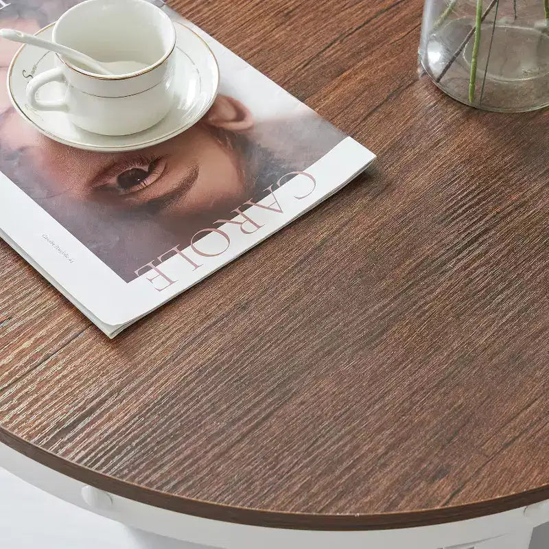 25.6 Table basse de ferme ronde rustique en chêne blanc, table d'appoint circulaire centrale en bois à 2 niveaux de rangement pour salon