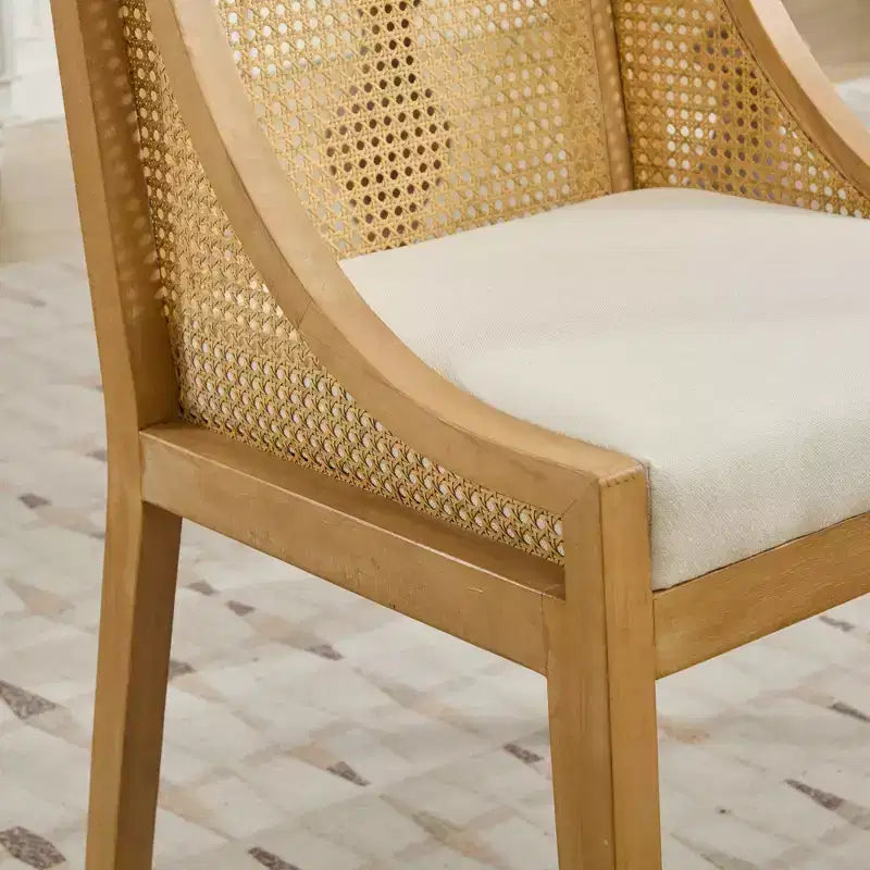 Chaise de salle à manger en rotin - Structure en bois massif, accoudoirs décoratifs, assise en lin, style rustique, finition naturelle, emballage individuel