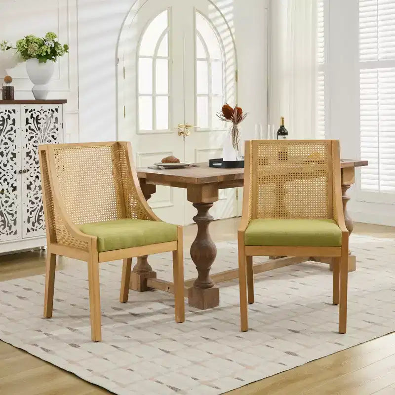 Chaise de salle à manger en rotin - Structure en bois massif, accoudoirs décoratifs, assise en lin, style rustique, finition naturelle, emballage individuel