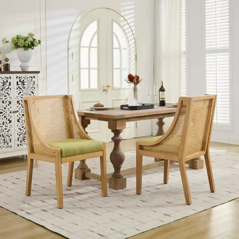 Chaise de salle à manger en rotin - Structure en bois massif, accoudoirs décoratifs, assise en lin, style rustique, finition naturelle, emballage individuel