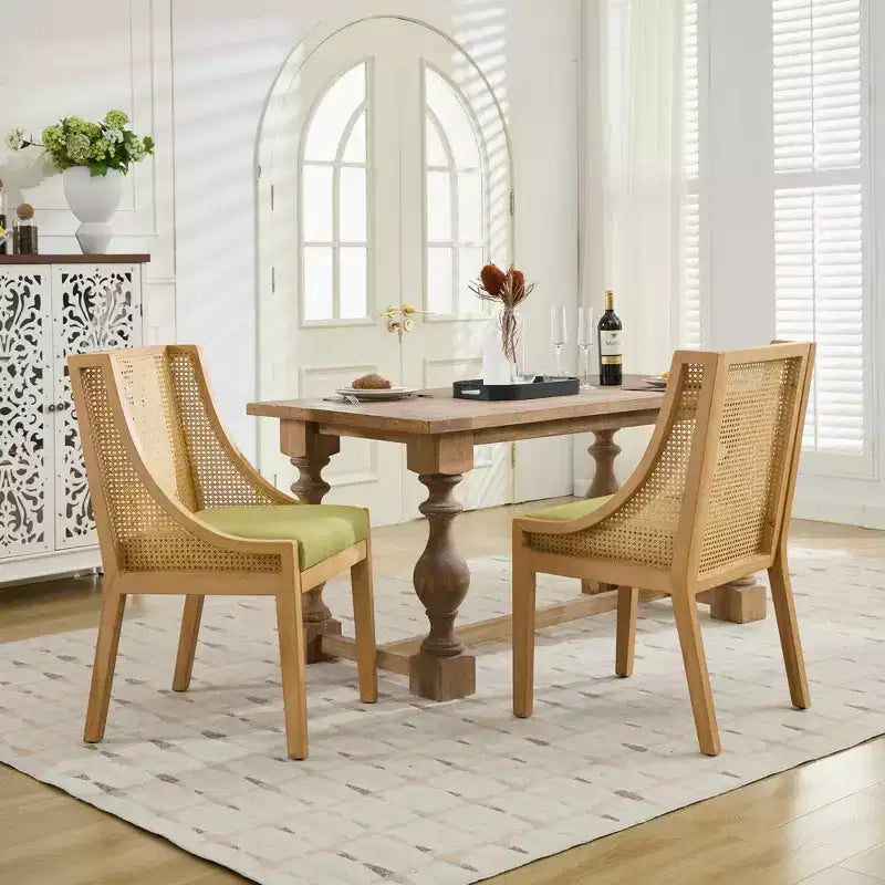 Chaise de salle à manger en rotin - Structure en bois massif, accoudoirs décoratifs, assise en lin, style rustique, finition naturelle, emballage individuel