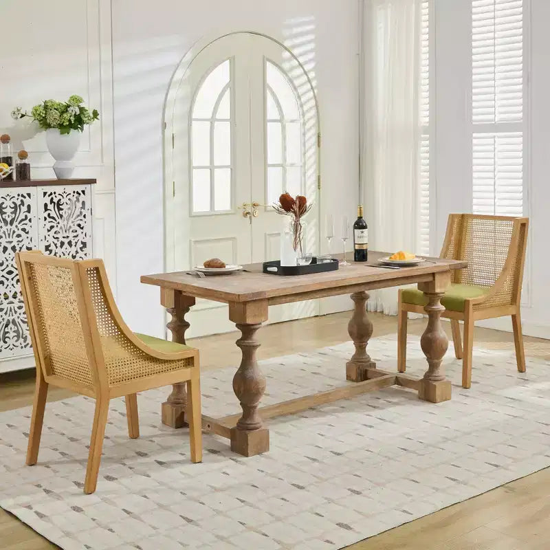 Chaise de salle à manger en rotin - Structure en bois massif, accoudoirs décoratifs, assise en lin, style rustique, finition naturelle, emballage individuel
