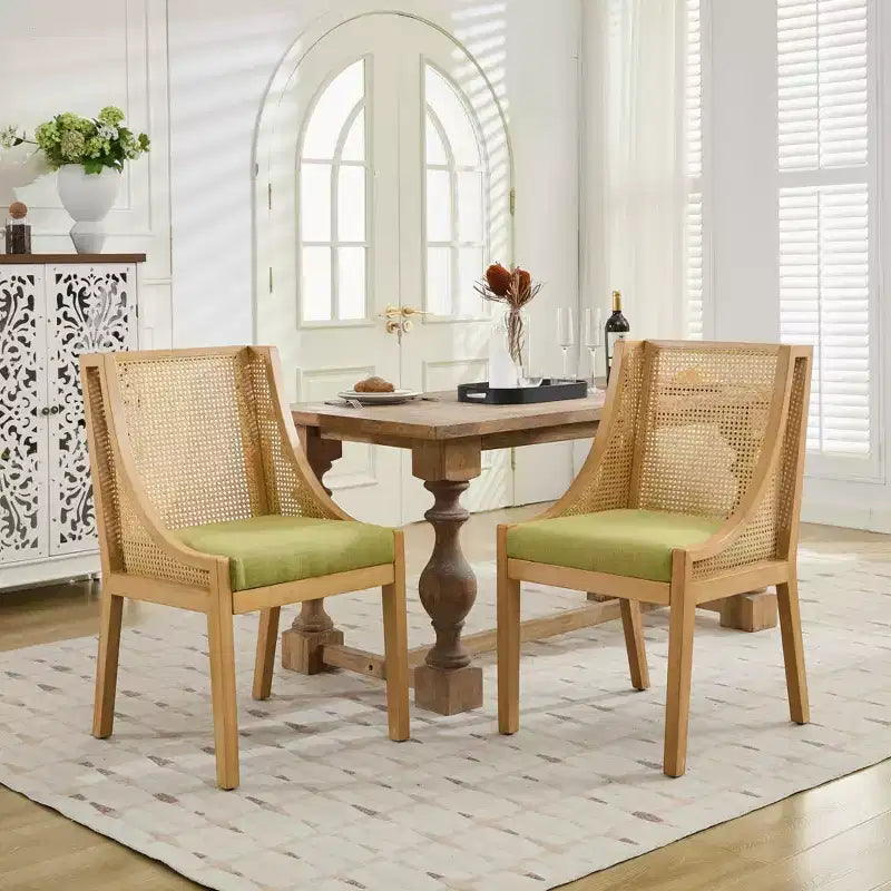 Chaise de salle à manger en rotin - Structure en bois massif, accoudoirs décoratifs, assise en lin, style rustique, finition naturelle, emballage individuel