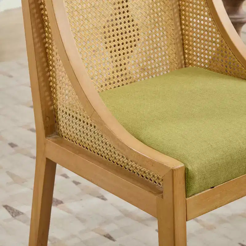 Chaise de salle à manger en rotin - Structure en bois massif, accoudoirs décoratifs, assise en lin, style rustique, finition naturelle, emballage individuel
