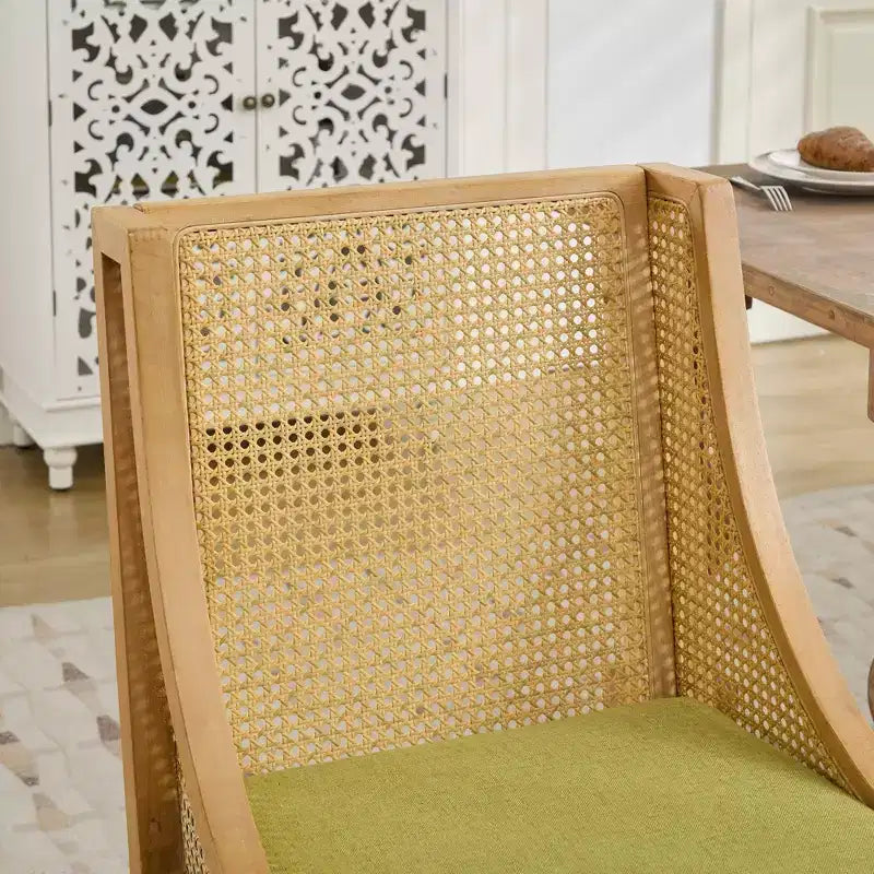Chaise de salle à manger en rotin - Structure en bois massif, accoudoirs décoratifs, assise en lin, style rustique, finition naturelle, emballage individuel