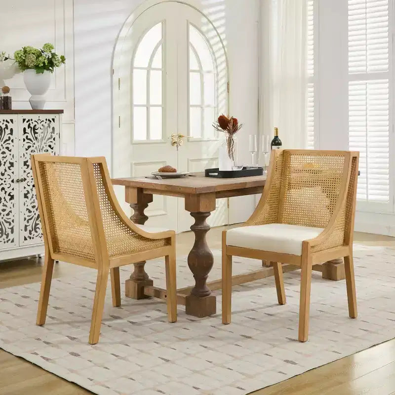 Chaise de salle à manger en rotin - Structure en bois massif, accoudoirs décoratifs, assise en lin, style rustique, finition naturelle, emballage individuel
