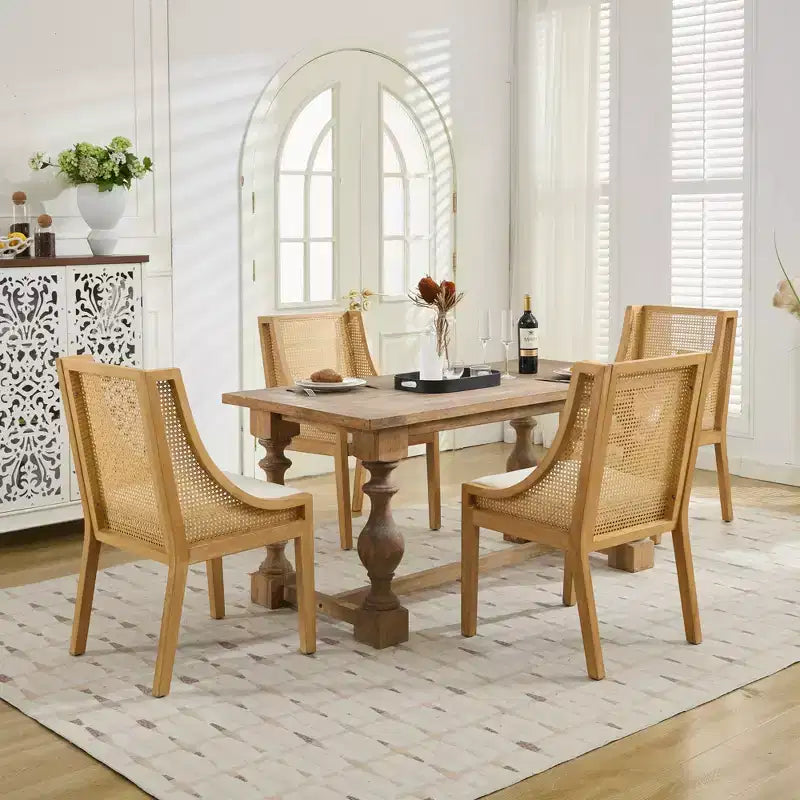 Chaise de salle à manger en rotin - Structure en bois massif, accoudoirs décoratifs, assise en lin, style rustique, finition naturelle, emballage individuel
