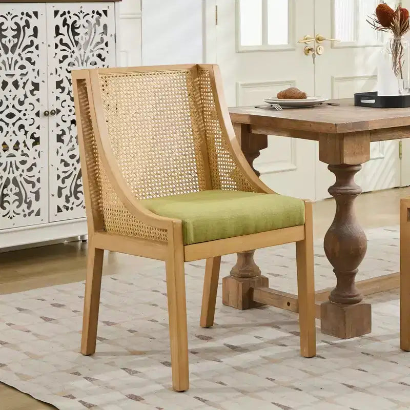 Chaise de salle à manger en rotin - Structure en bois massif, accoudoirs décoratifs, assise en lin, style rustique, finition naturelle, emballage individuel