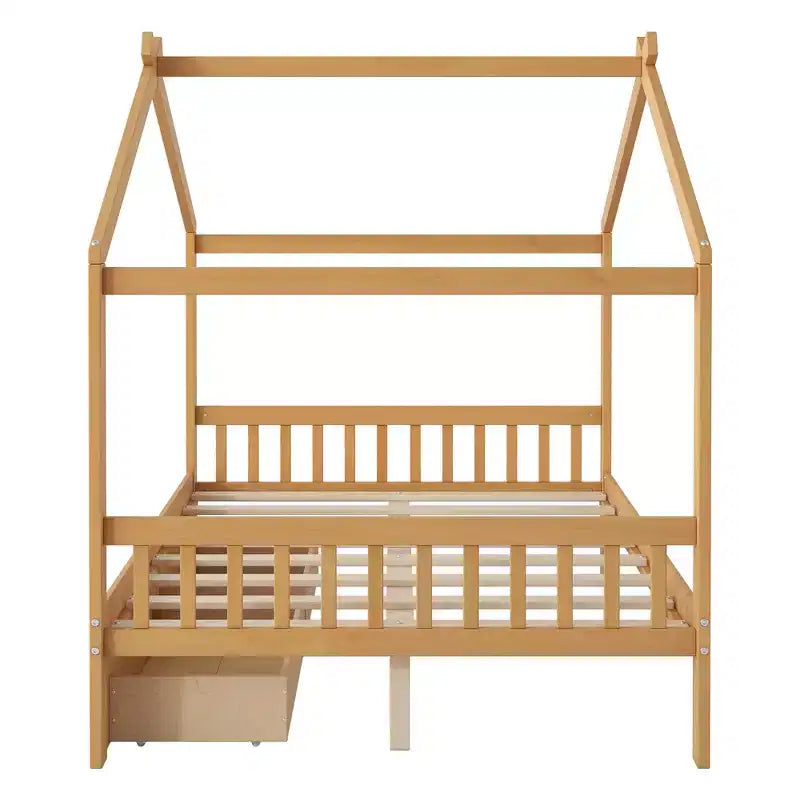 Cadre de lit maison en bois massif avec deux tiroirs de rangement, plateforme avec tête et pied de lit en forme de toit, pour filles et garçons