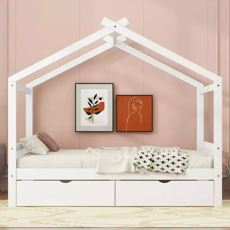 Cadre de lit maison en bois massif avec deux tiroirs de rangement, plateforme avec tête et pied de lit en forme de toit, pour filles et garçons