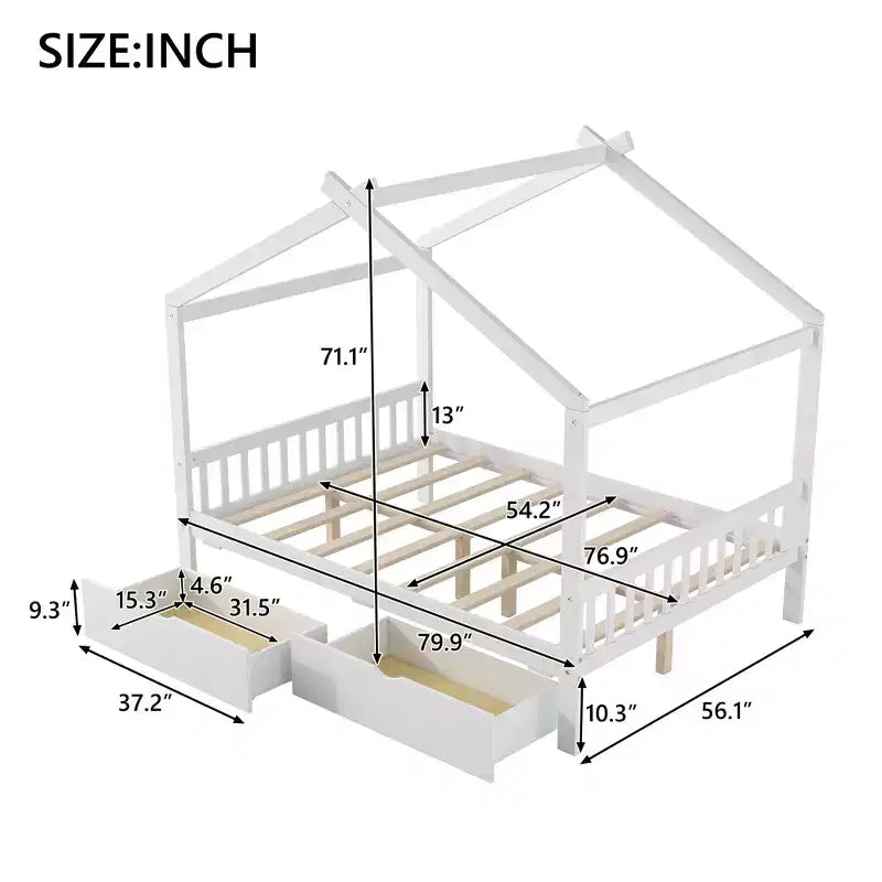 Cadre de lit maison en bois massif avec deux tiroirs de rangement, plateforme avec tête et pied de lit en forme de toit, pour filles et garçons