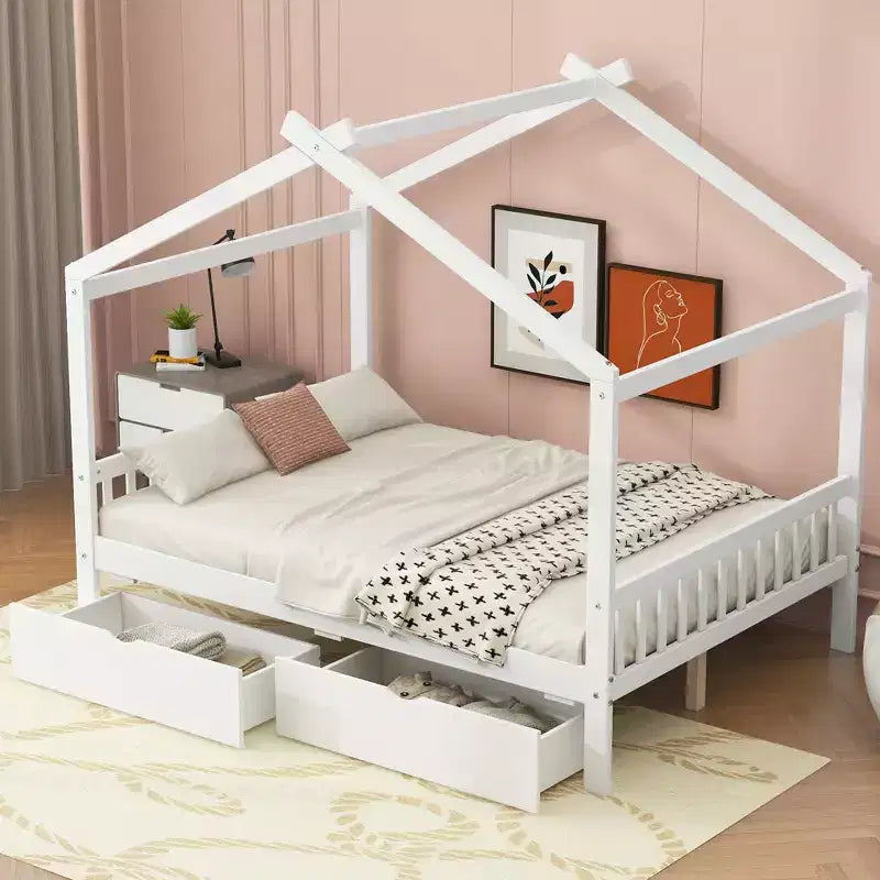 Cadre de lit maison en bois massif avec deux tiroirs de rangement, plateforme avec tête et pied de lit en forme de toit, pour filles et garçons