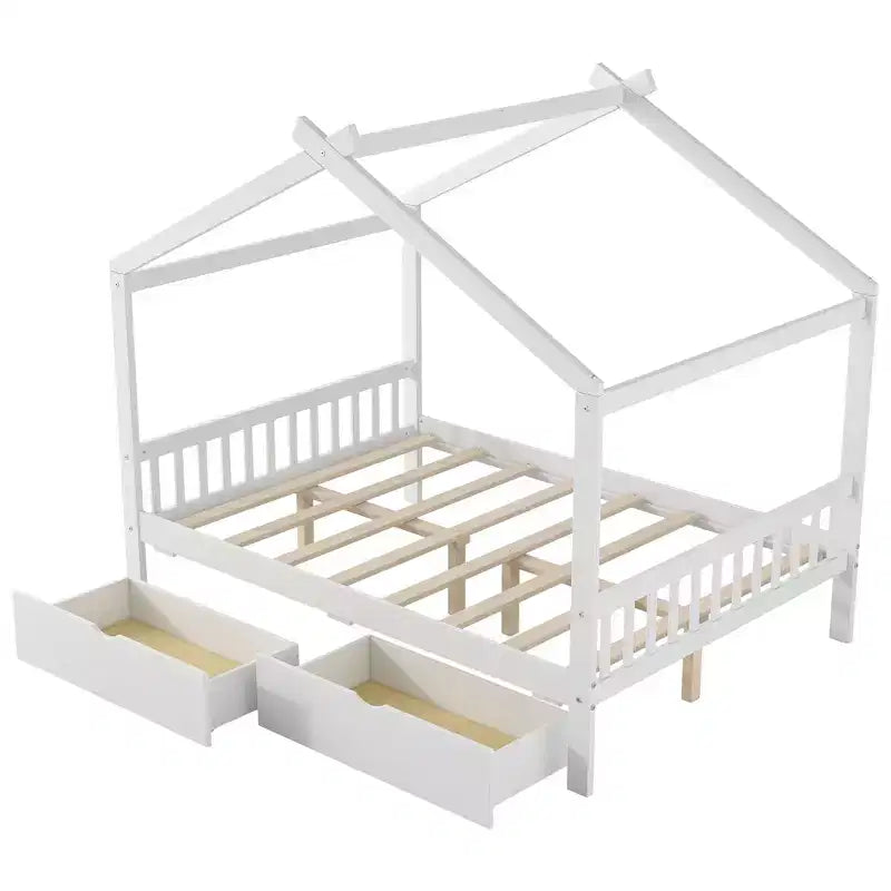 Cadre de lit maison en bois massif avec deux tiroirs de rangement, plateforme avec tête et pied de lit en forme de toit, pour filles et garçons