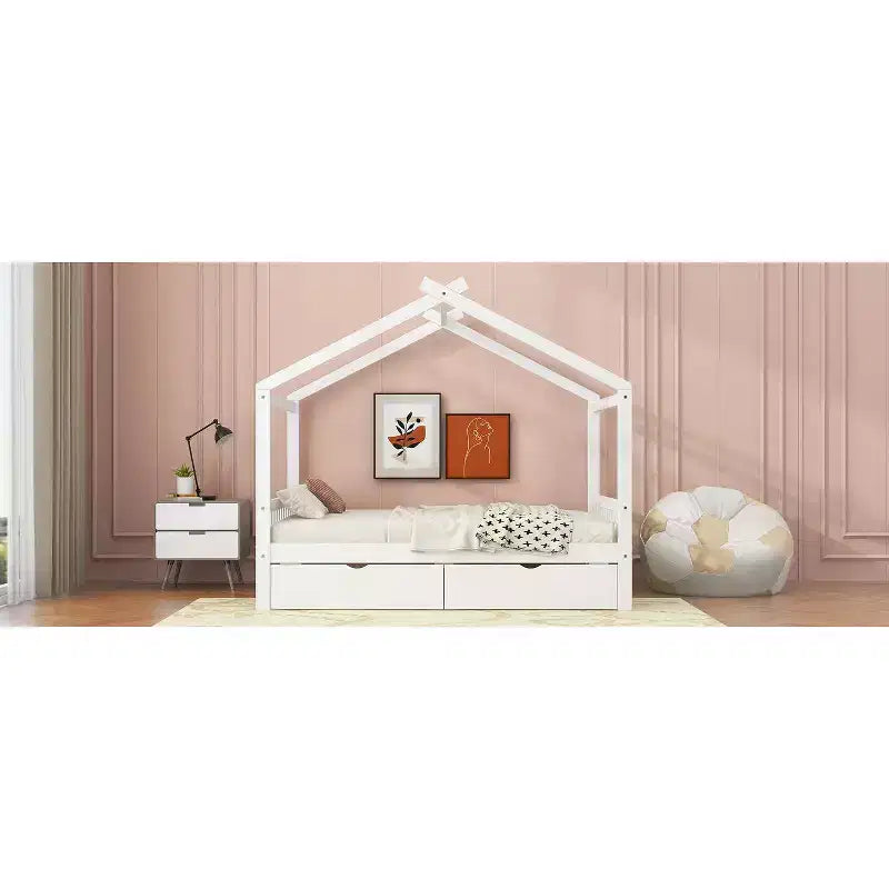 Cadre de lit maison en bois massif avec deux tiroirs de rangement, plateforme avec tête et pied de lit en forme de toit, pour filles et garçons