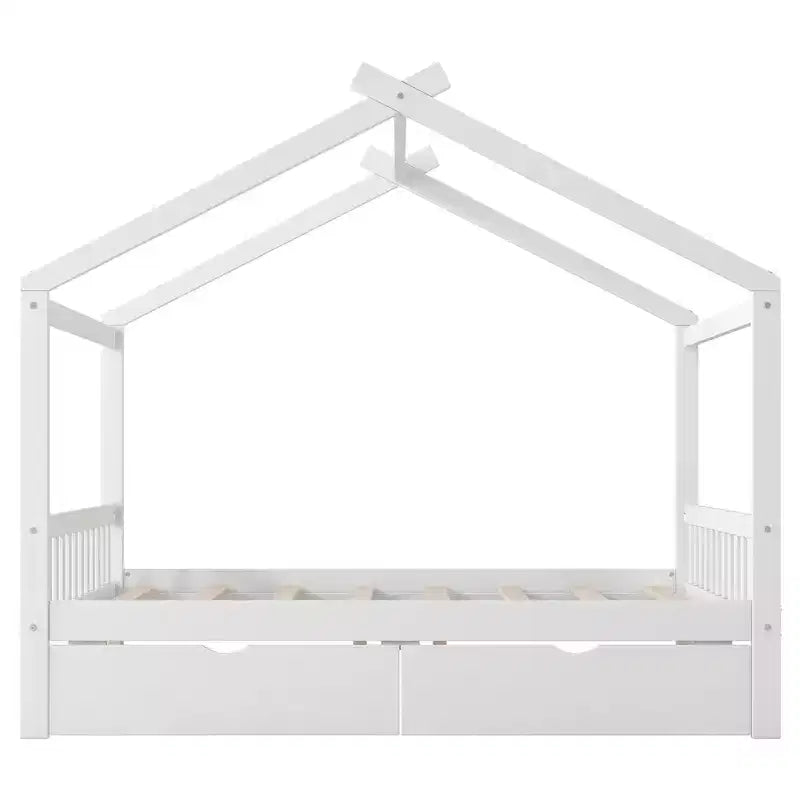 Cadre de lit maison en bois massif avec deux tiroirs de rangement, plateforme avec tête et pied de lit en forme de toit, pour filles et garçons