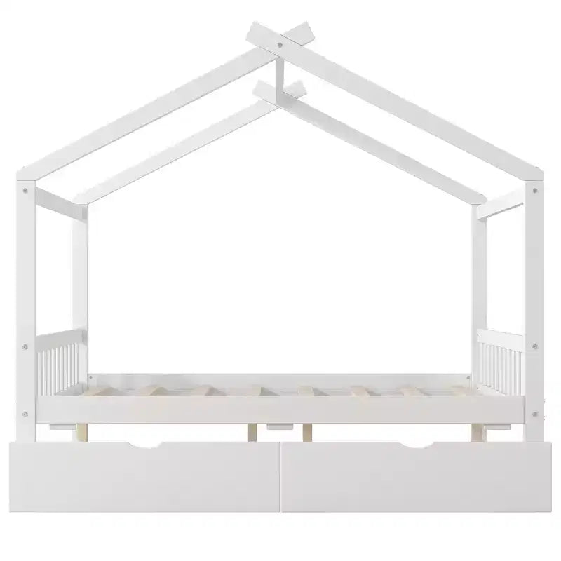 Cadre de lit maison en bois massif avec deux tiroirs de rangement, plateforme avec tête et pied de lit en forme de toit, pour filles et garçons