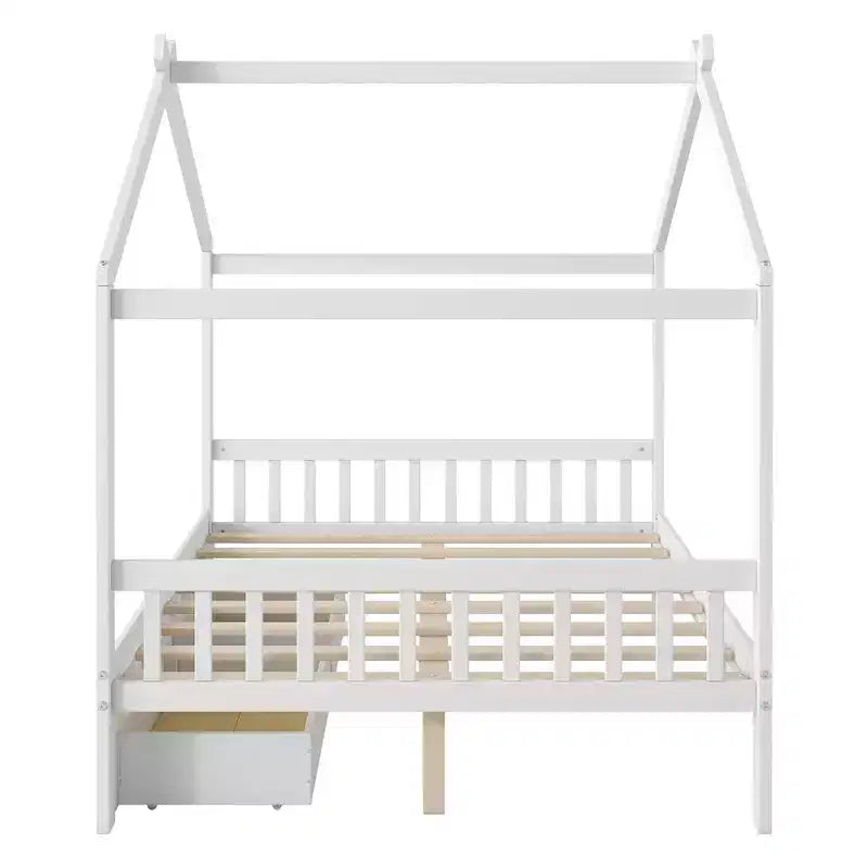 Cadre de lit maison en bois massif avec deux tiroirs de rangement, plateforme avec tête et pied de lit en forme de toit, pour filles et garçons