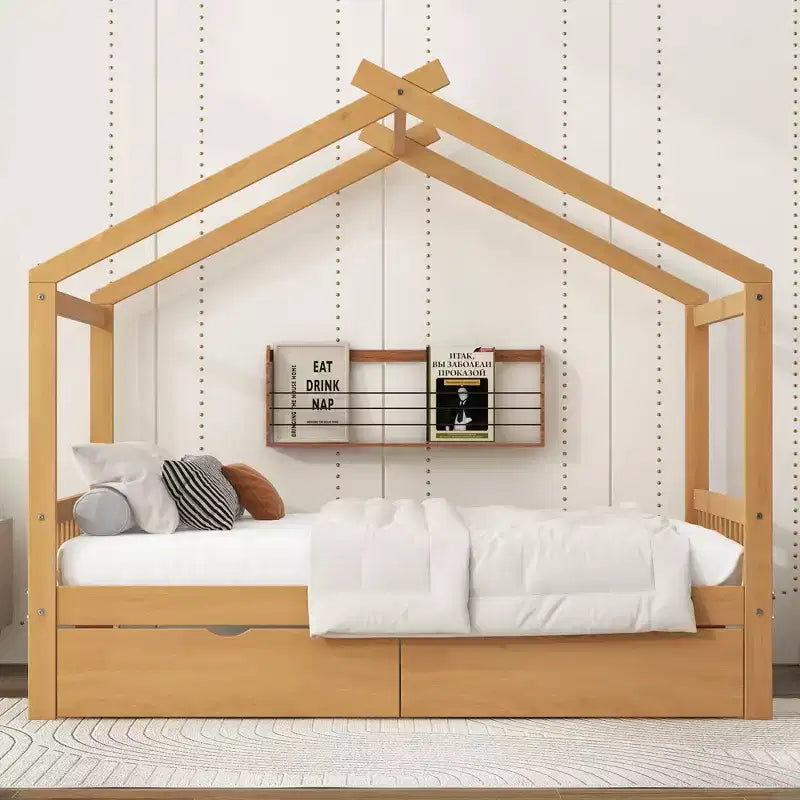 Cadre de lit maison en bois massif avec deux tiroirs de rangement, plateforme avec tête et pied de lit en forme de toit, pour filles et garçons
