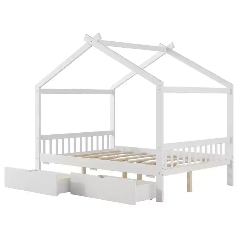 Cadre de lit maison en bois massif avec deux tiroirs de rangement, plateforme avec tête et pied de lit en forme de toit, pour filles et garçons