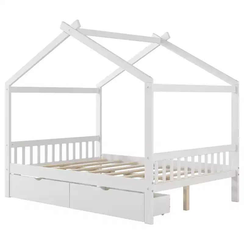 Cadre de lit maison en bois massif avec deux tiroirs de rangement, plateforme avec tête et pied de lit en forme de toit, pour filles et garçons
