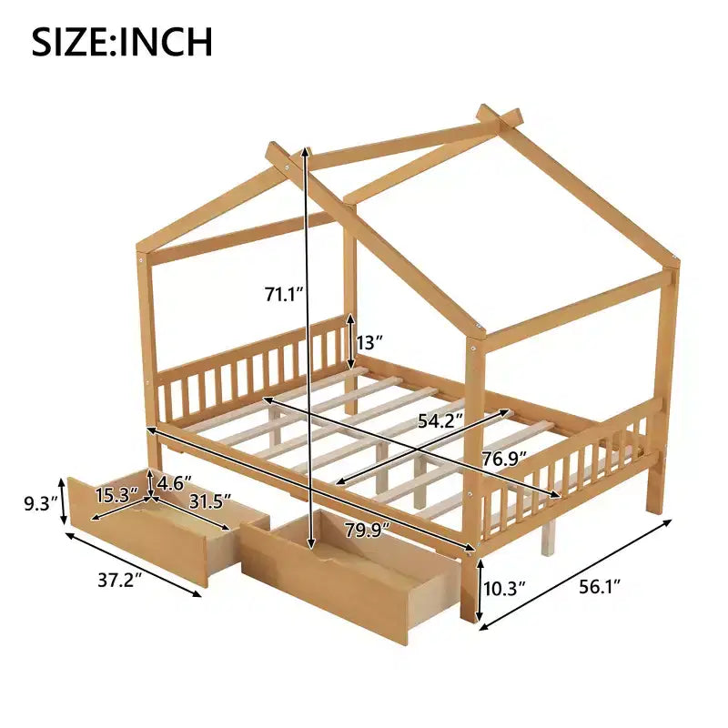 Cadre de lit maison en bois massif avec deux tiroirs de rangement, plateforme avec tête et pied de lit en forme de toit, pour filles et garçons