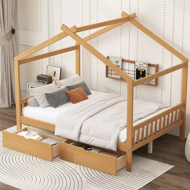Cadre de lit maison en bois massif avec deux tiroirs de rangement, plateforme avec tête et pied de lit en forme de toit, pour filles et garçons