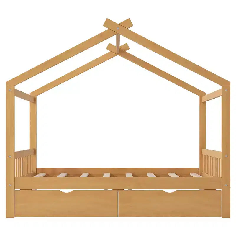 Cadre de lit maison en bois massif avec deux tiroirs de rangement, plateforme avec tête et pied de lit en forme de toit, pour filles et garçons