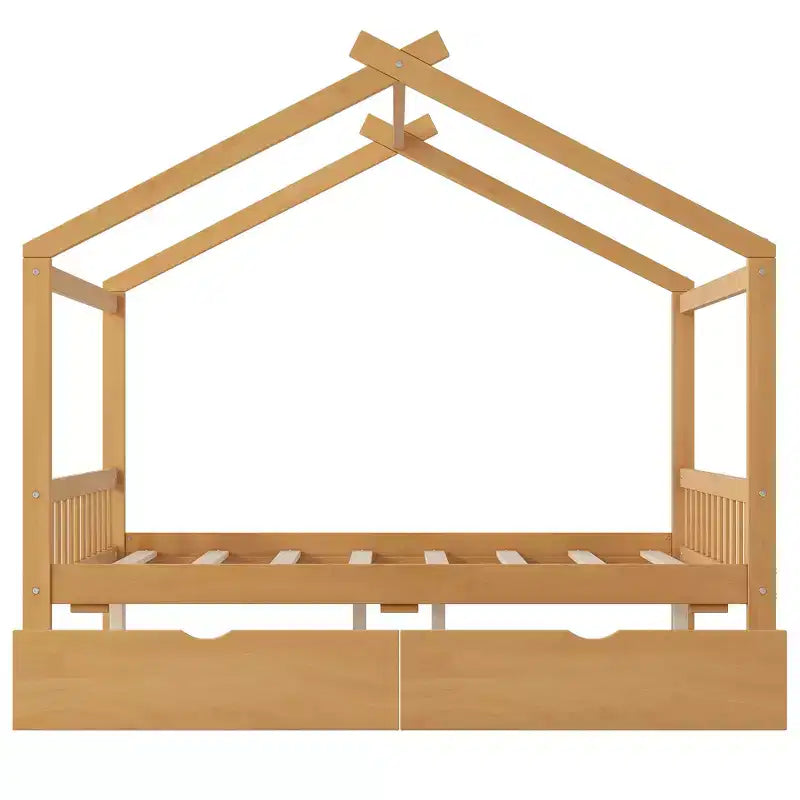 Cadre de lit maison en bois massif avec deux tiroirs de rangement, plateforme avec tête et pied de lit en forme de toit, pour filles et garçons