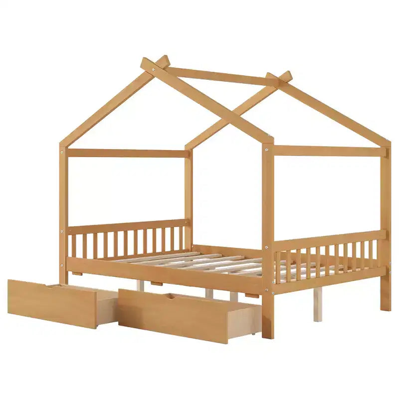 Cadre de lit maison en bois massif avec deux tiroirs de rangement, plateforme avec tête et pied de lit en forme de toit, pour filles et garçons