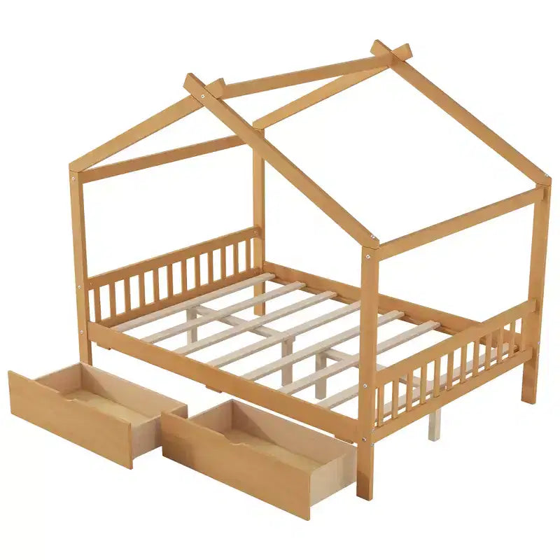 Cadre de lit maison en bois massif avec deux tiroirs de rangement, plateforme avec tête et pied de lit en forme de toit, pour filles et garçons