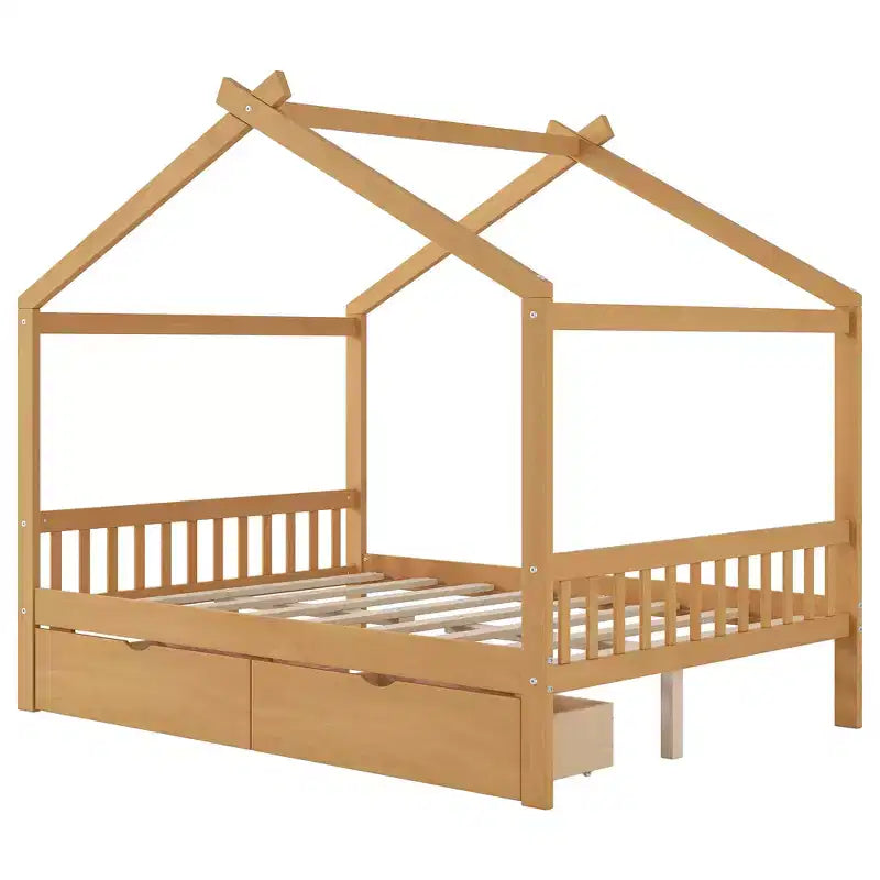Cadre de lit maison en bois massif avec deux tiroirs de rangement, plateforme avec tête et pied de lit en forme de toit, pour filles et garçons