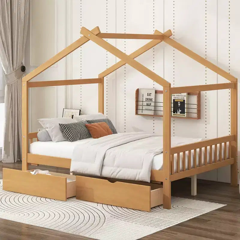 Full Wooden House Bed Frame with Two Storage Drawers, Platform with Roof Design Headboard and Footboard, for Girls Boys