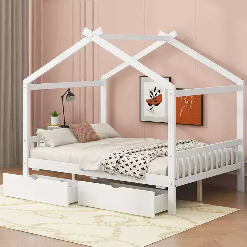 Cadre de lit maison en bois massif avec deux tiroirs de rangement, plateforme avec tête et pied de lit en forme de toit, pour filles et garçons