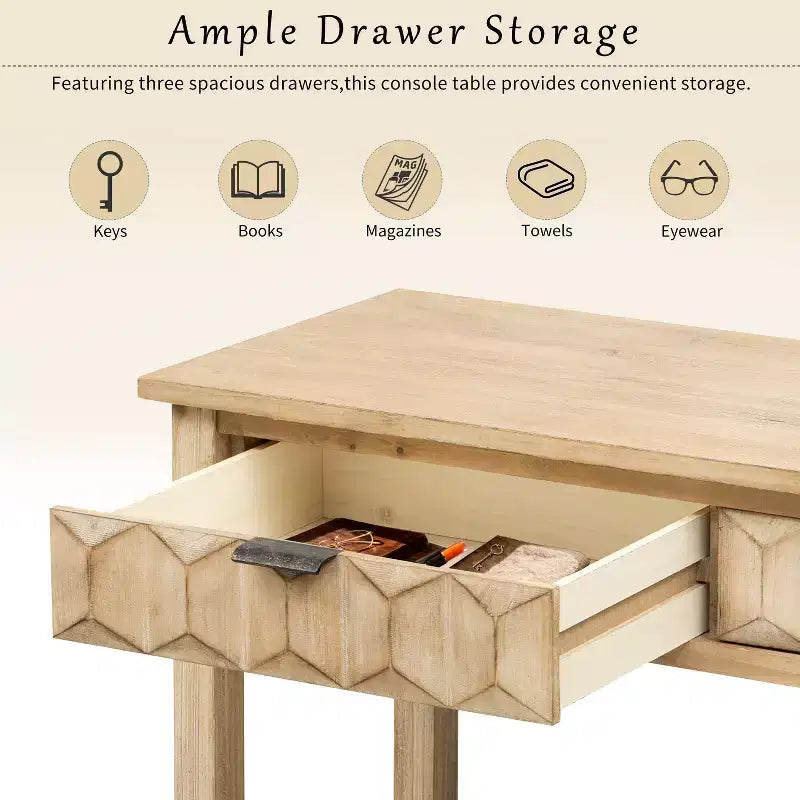 Console d'entrée de 60 pouces en placage de sapin avec façades à motifs alvéolés, table console moderne et élégante avec 3 tiroirs et pieds en sapin massif