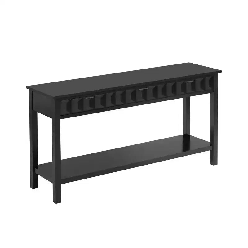 Console d'entrée de 60 pouces en placage de sapin avec façades à motifs alvéolés, table console moderne et élégante avec 3 tiroirs et pieds en sapin massif