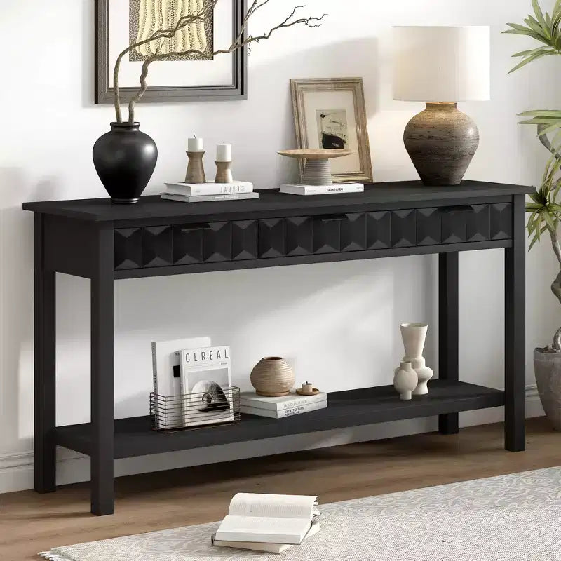 Console d'entrée de 60 pouces en placage de sapin avec façades à motifs alvéolés, table console moderne et élégante avec 3 tiroirs et pieds en sapin massif