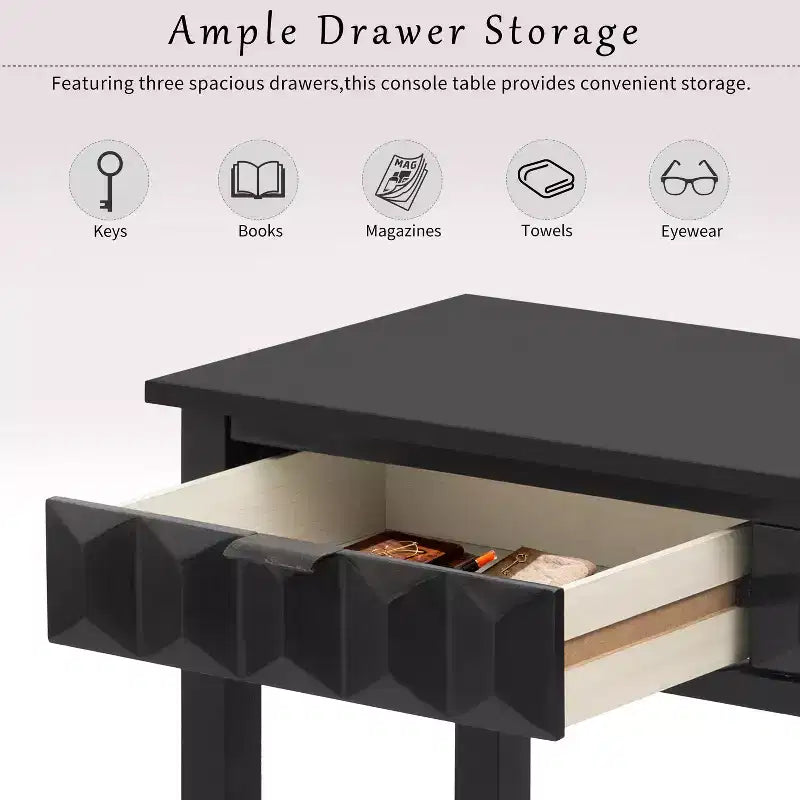 Console d'entrée de 60 pouces en placage de sapin avec façades à motifs alvéolés, table console moderne et élégante avec 3 tiroirs et pieds en sapin massif