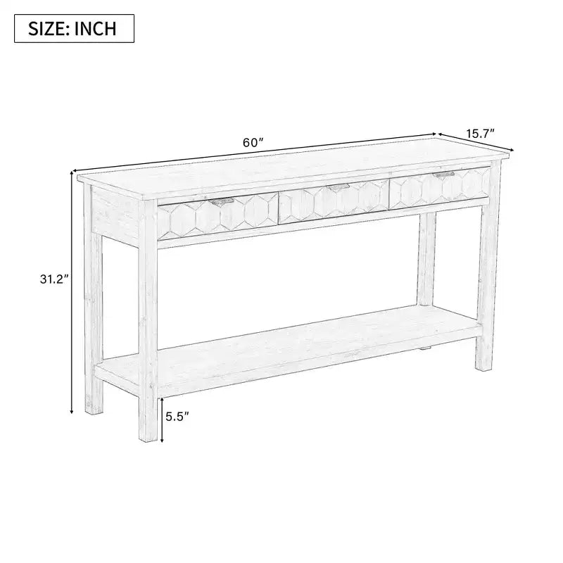 Console d'entrée de 60 pouces en placage de sapin avec façades à motifs alvéolés, table console moderne et élégante avec 3 tiroirs et pieds en sapin massif