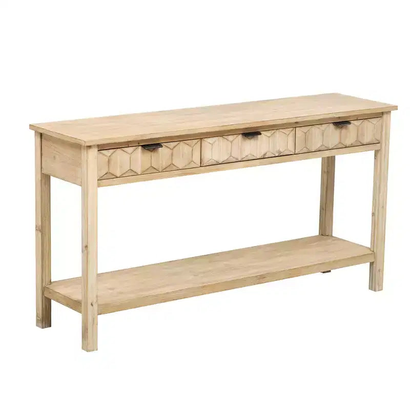 Console d'entrée de 60 pouces en placage de sapin avec façades à motifs alvéolés, table console moderne et élégante avec 3 tiroirs et pieds en sapin massif