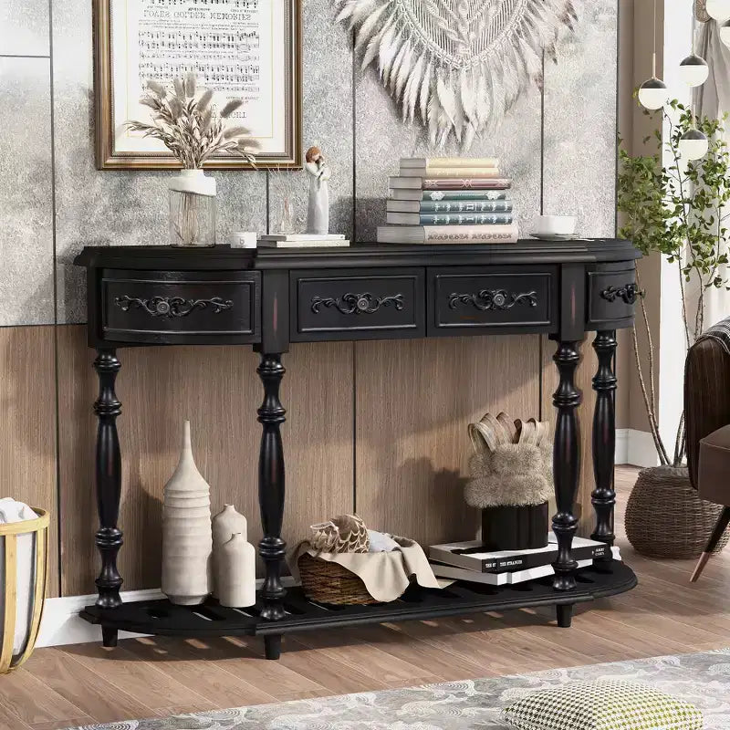 52Table console incurvée moderne et contemporaine avec 4 tiroirs et 1 étagère pour salon, couloir
