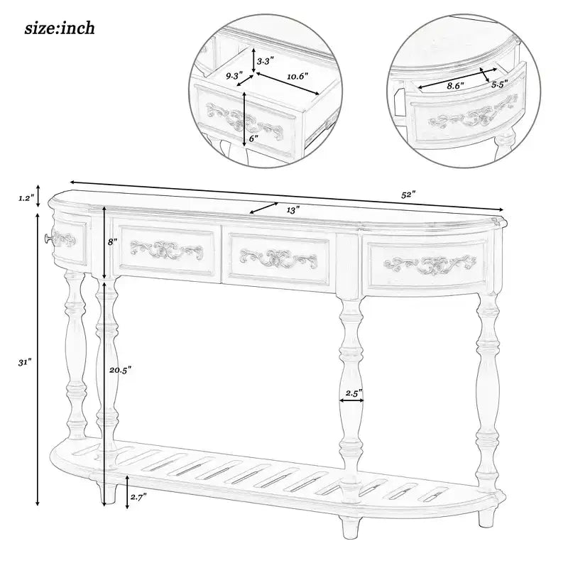 52Table console incurvée moderne et contemporaine avec 4 tiroirs et 1 étagère pour salon, couloir