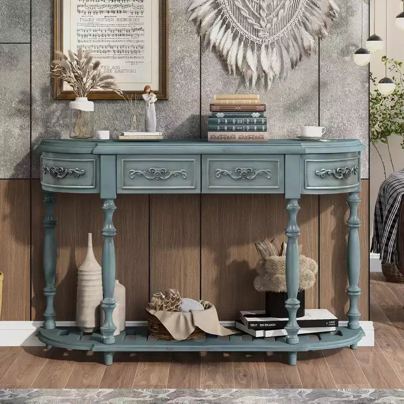 Clihome 52Modern and Contemporary Curved Console Table Sofa Table Entryway Table with 4 Drawers and 1 Shelf for Living Room, Hallway