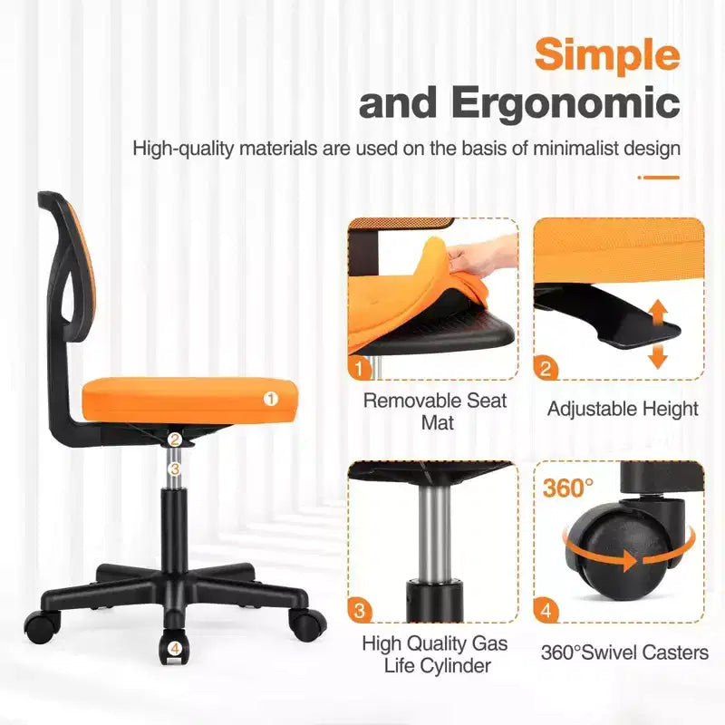 Chaise de bureau à dossier bas en maille sans accoudoirs, chaise d'ordinateur avec soutien lombaire, chaise de bureau pour étude, salle de lecture, bureau