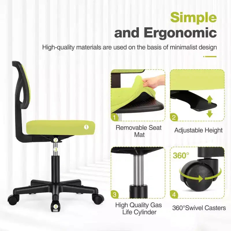 Chaise de bureau à dossier bas en maille sans accoudoirs, chaise d'ordinateur avec soutien lombaire, chaise de bureau pour étude, salle de lecture, bureau